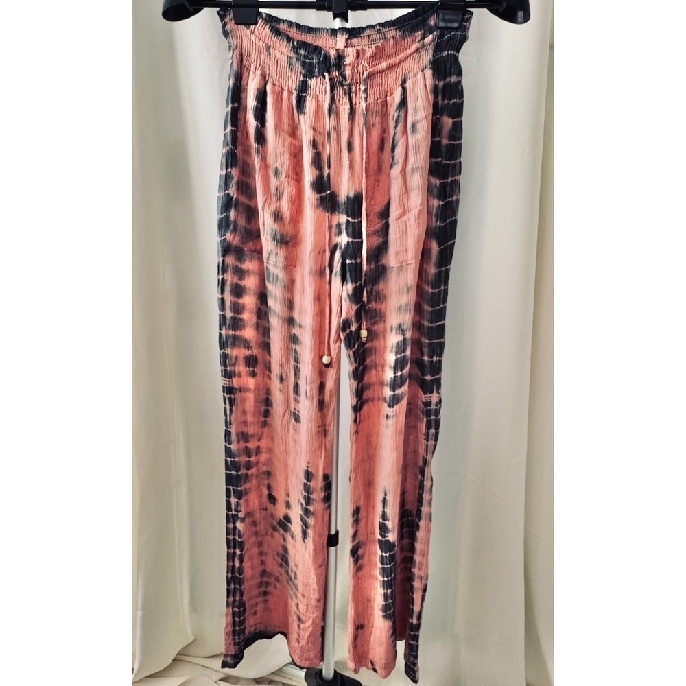 Raya Sun Boho Tie Dye Wide Leg Pants Pink Black Gauze Beach Resort Festival Smal